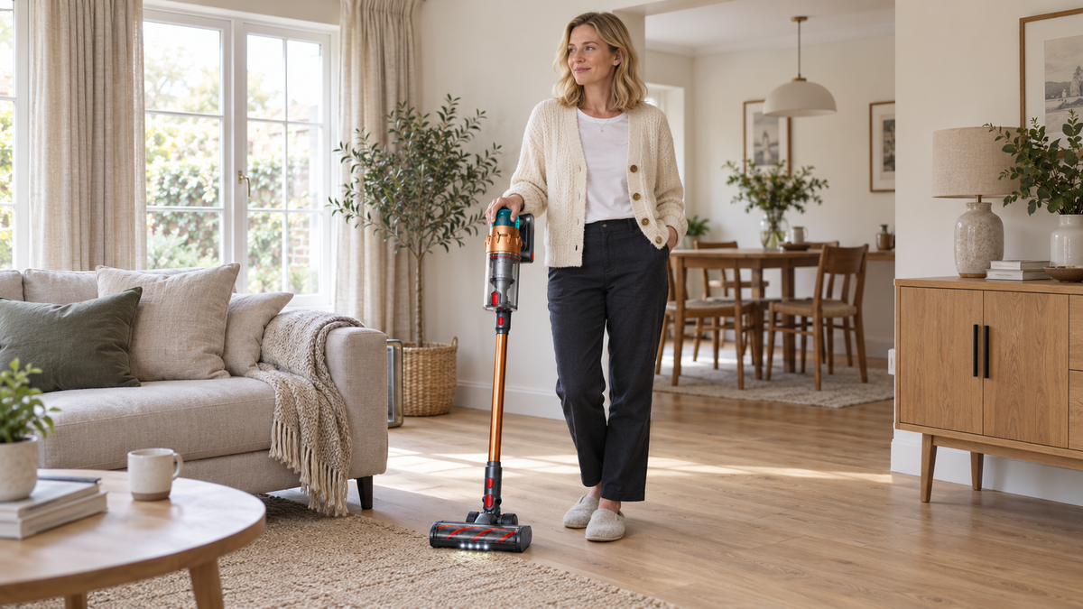 A woman walking through a bright hallway past the AIRVAC V18 standing on its own