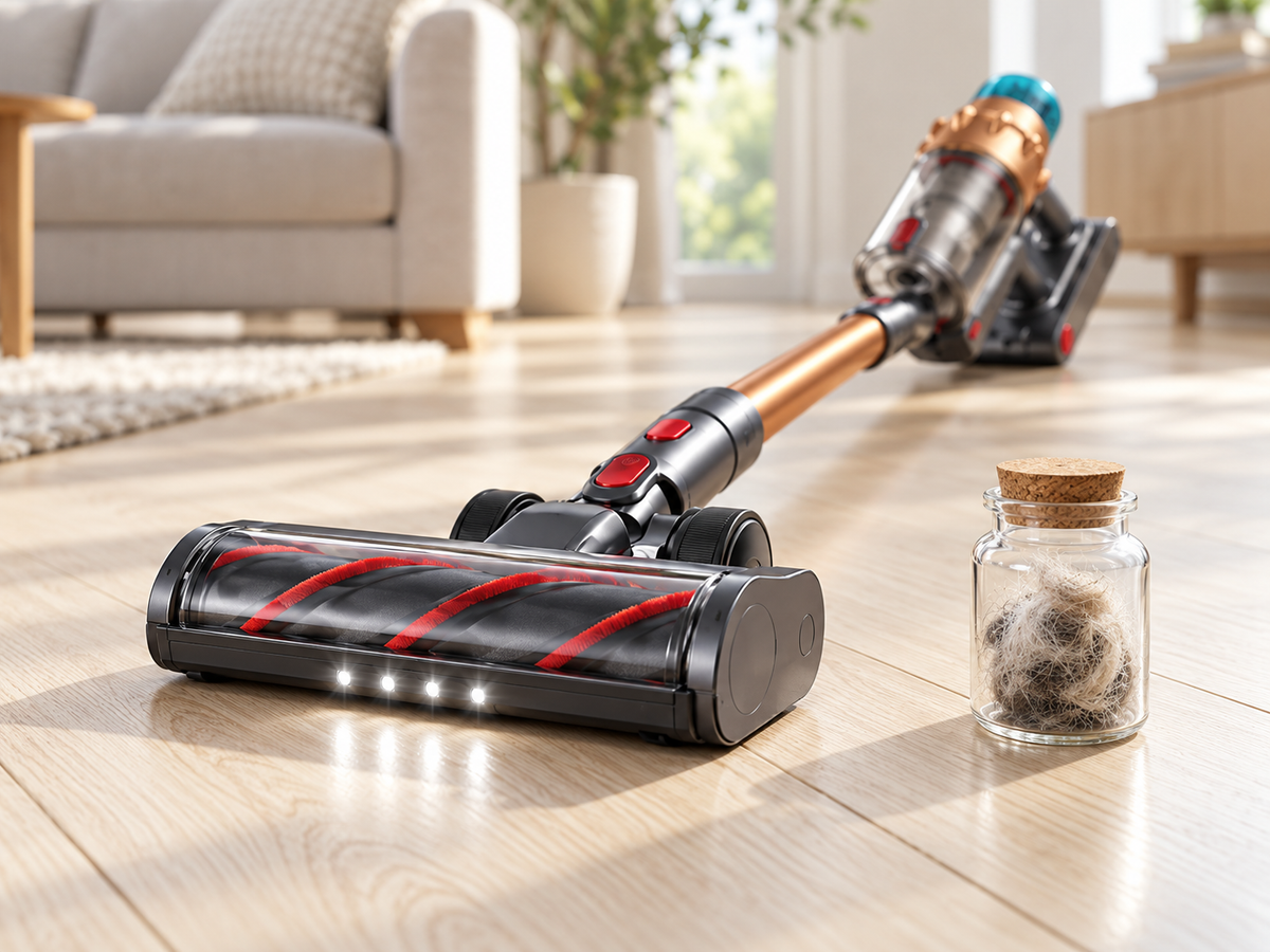 The AIRVAC floor head roller clean after six weeks of dog hair, with a small pot of the collected hair beside it