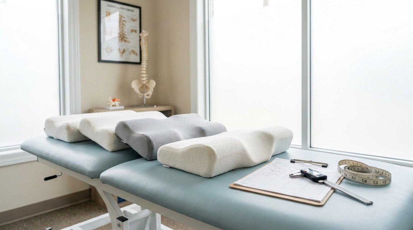 Pillows for neck pain lined up for clinical testing