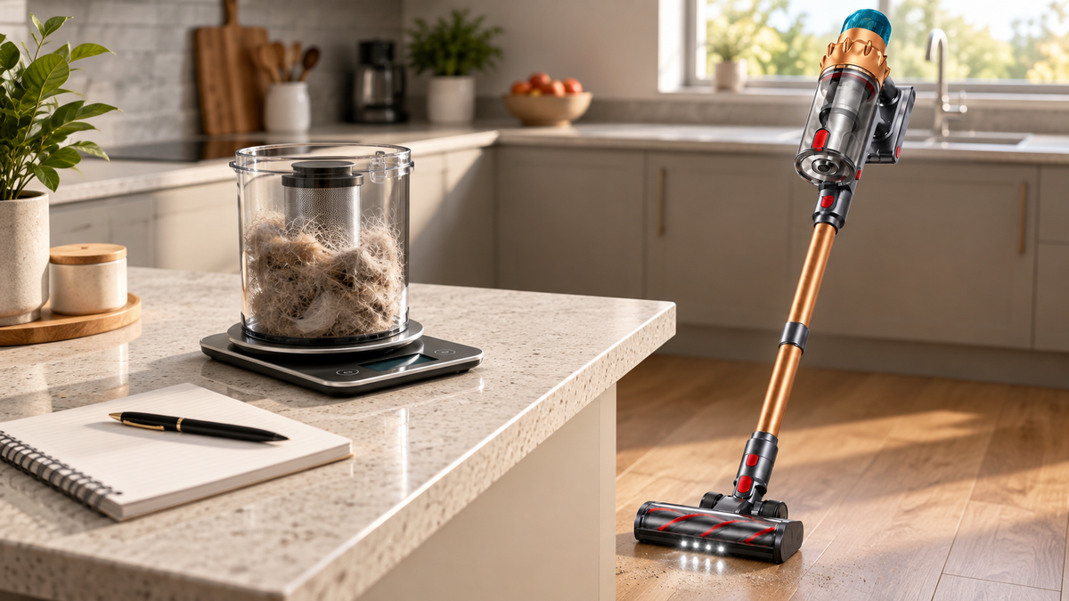 A tester kneeling on a landing carpet weighing a vacuum bin of dust on a kitchen scale, the AIRVAC V18 standing beside him