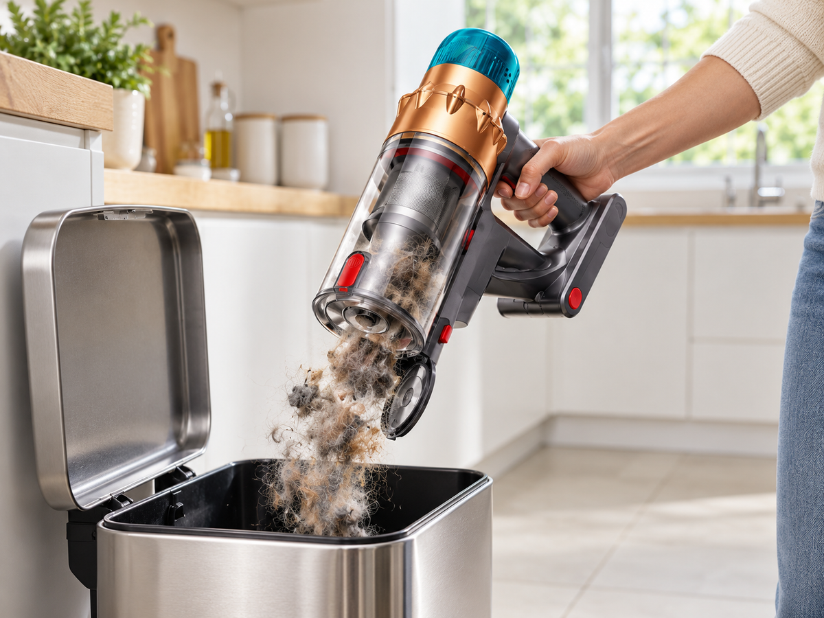 The AIRVAC V18 held over a kitchen bin with its bin open and dust and hair dropping out